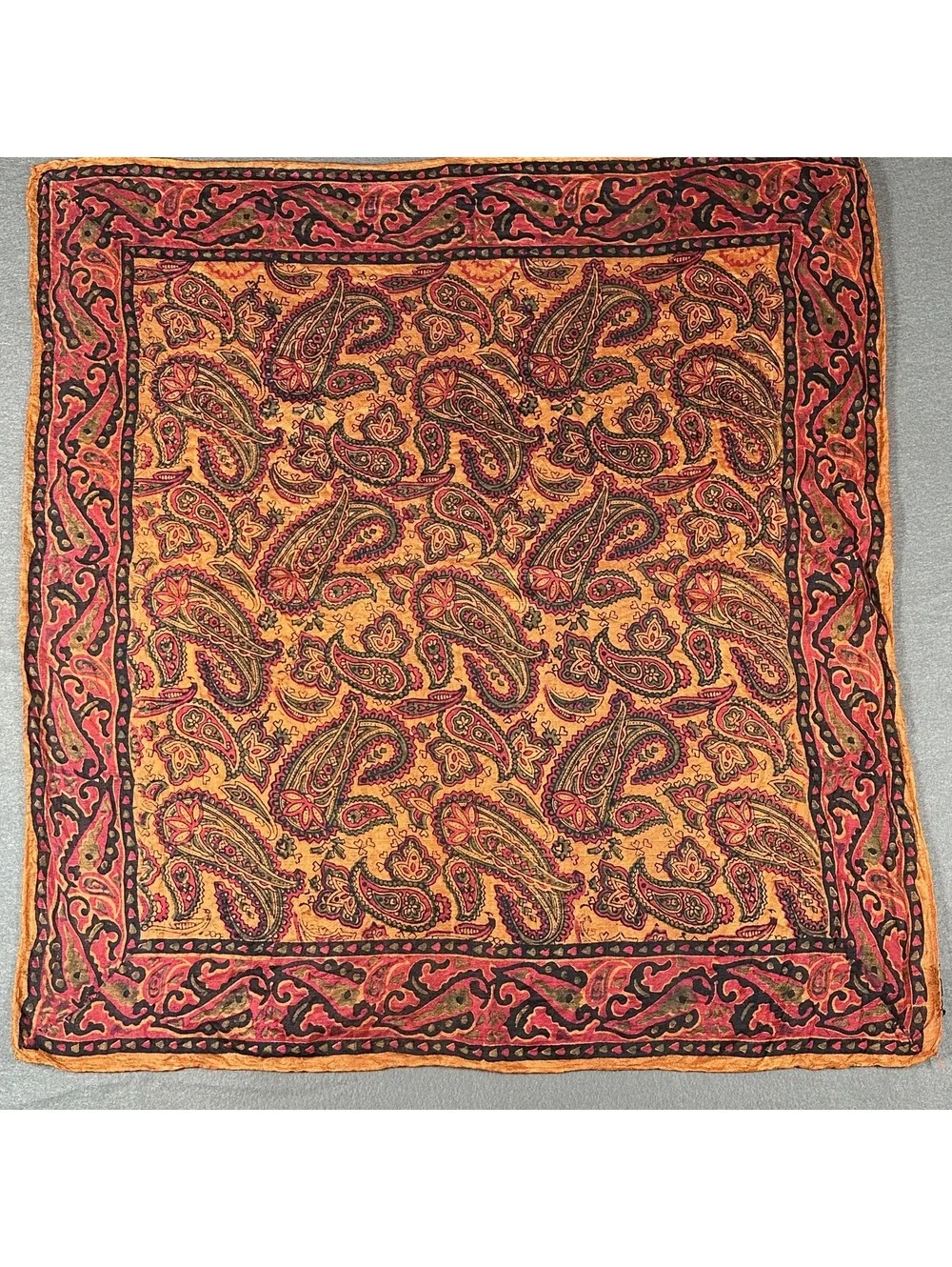 Vintage Paisley Patterned Silk Square Scarf with Orange and Red Tones